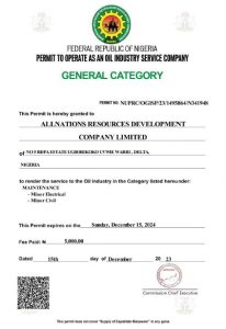 Permit to Operate as an Oil Industry Service Company